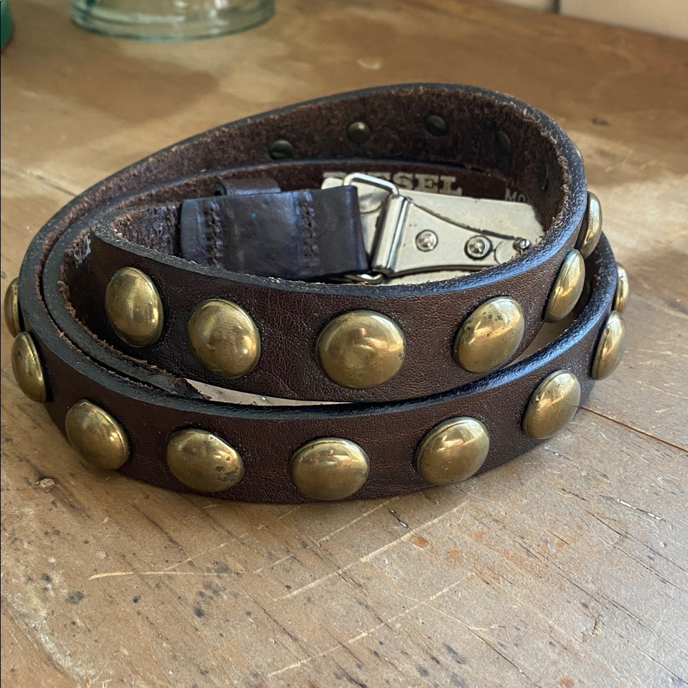 Diesel Dark Brown Leather Brass Studded Belt Y2K Vintage